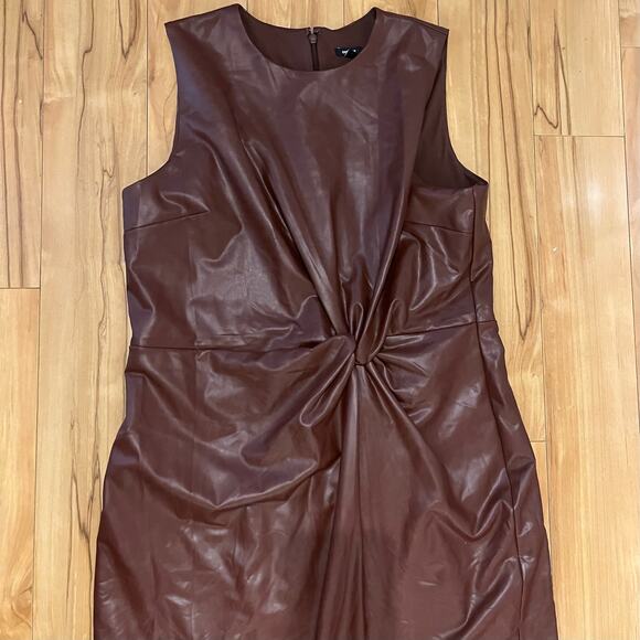 Express Faux Leather Twist Front Midi Dress XL Brown Sleeveless Bodycon - Picture 6 of 13